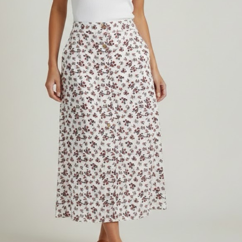 Cynthia Rowley 100% Linen White Floral Midi Skirt 10